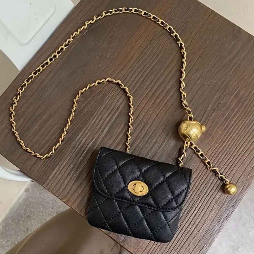 Fashion Crossbody/Belt Mini Black Bag Quilted Crossbody Bag with Gold Chain - Picture 2 of 5